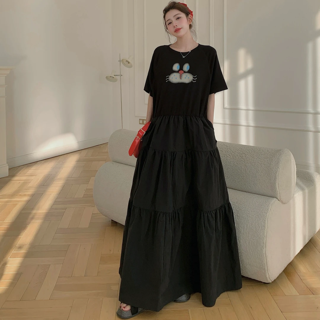 2025夏新款/猫猫拼接短袖连衣裙女收腰显瘦高级感长裙