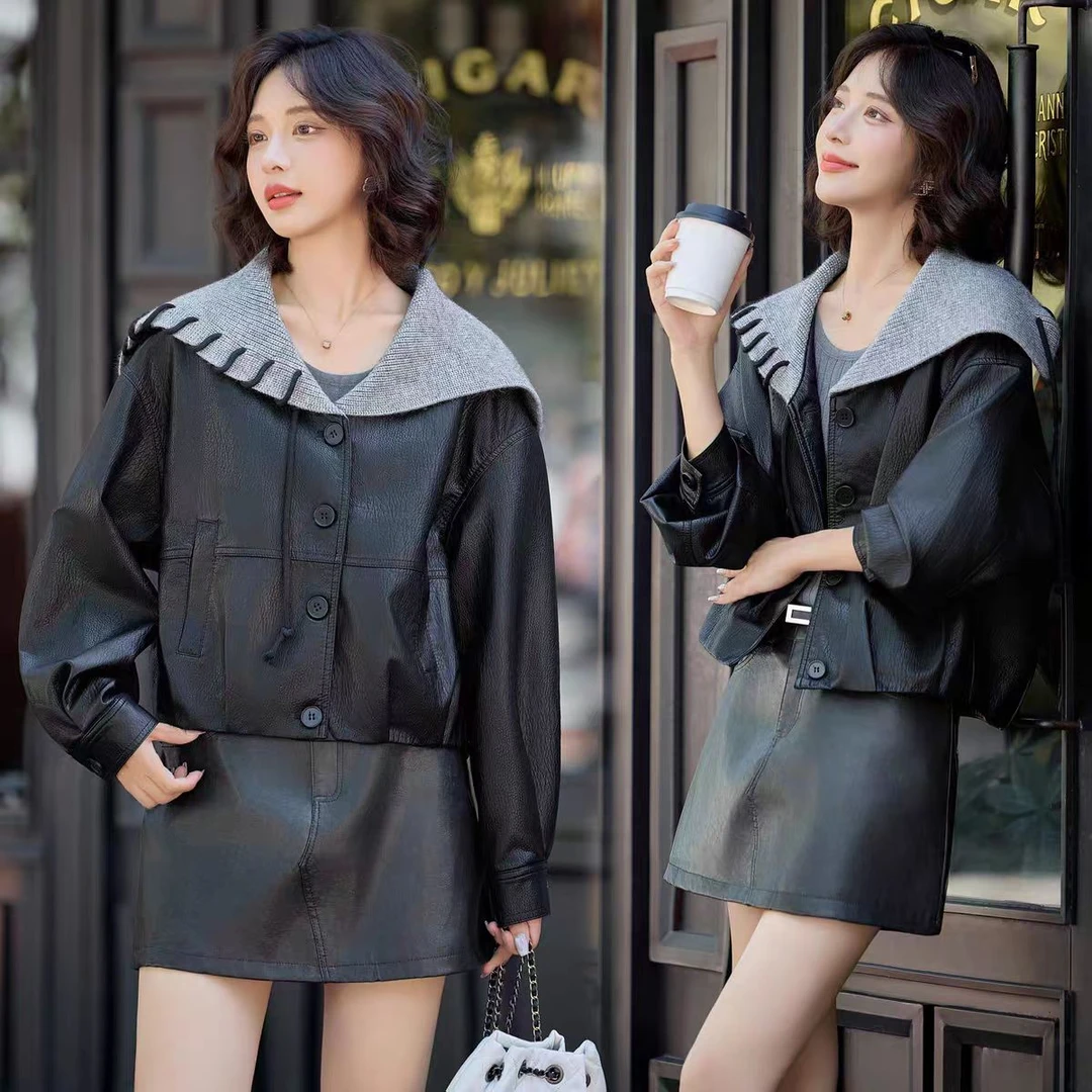 海军领拼接PU夹克短款外套  LSW54019