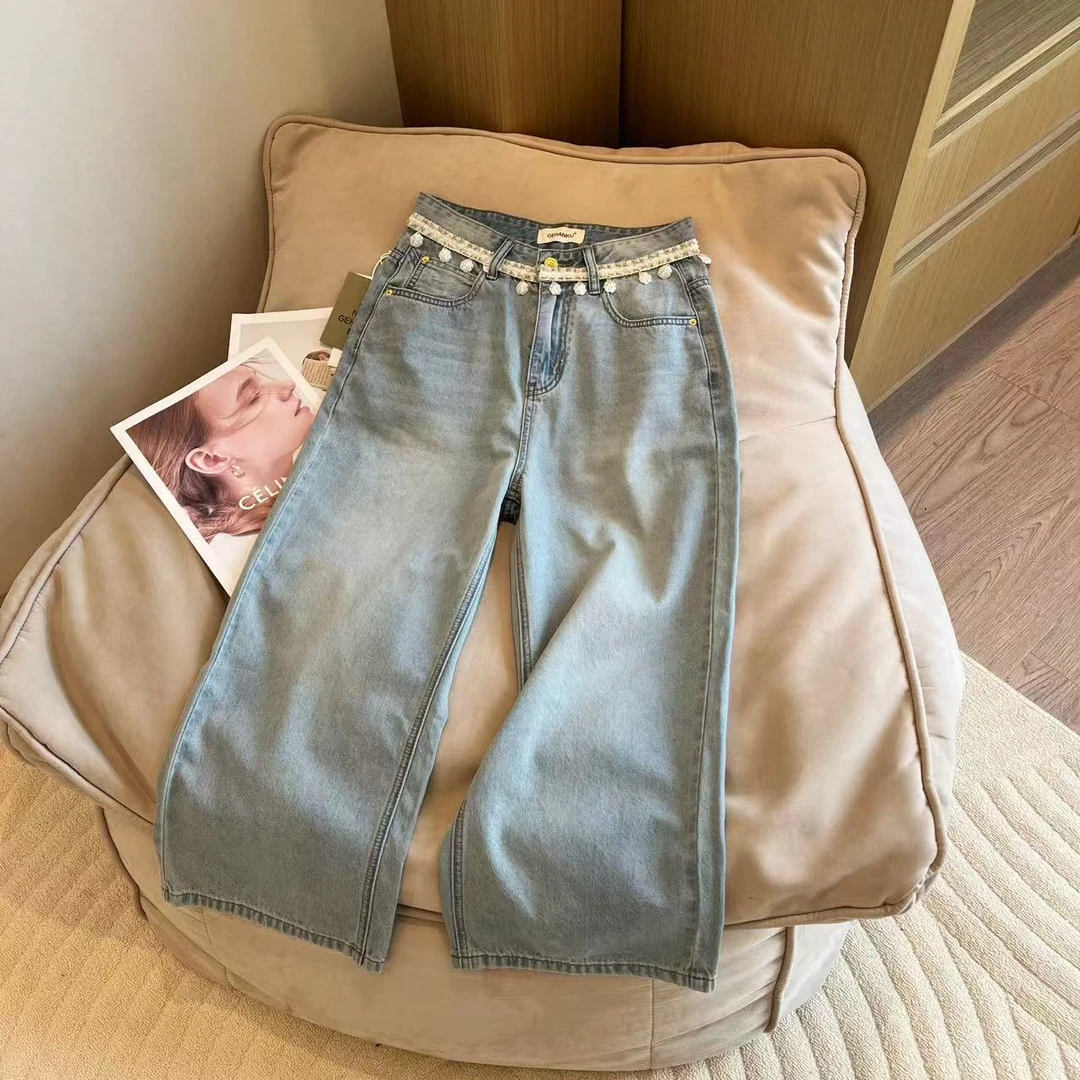 Barbie Jingni【6953 】欧货小香风花边腰头贝壳设计感高腰牛仔裤