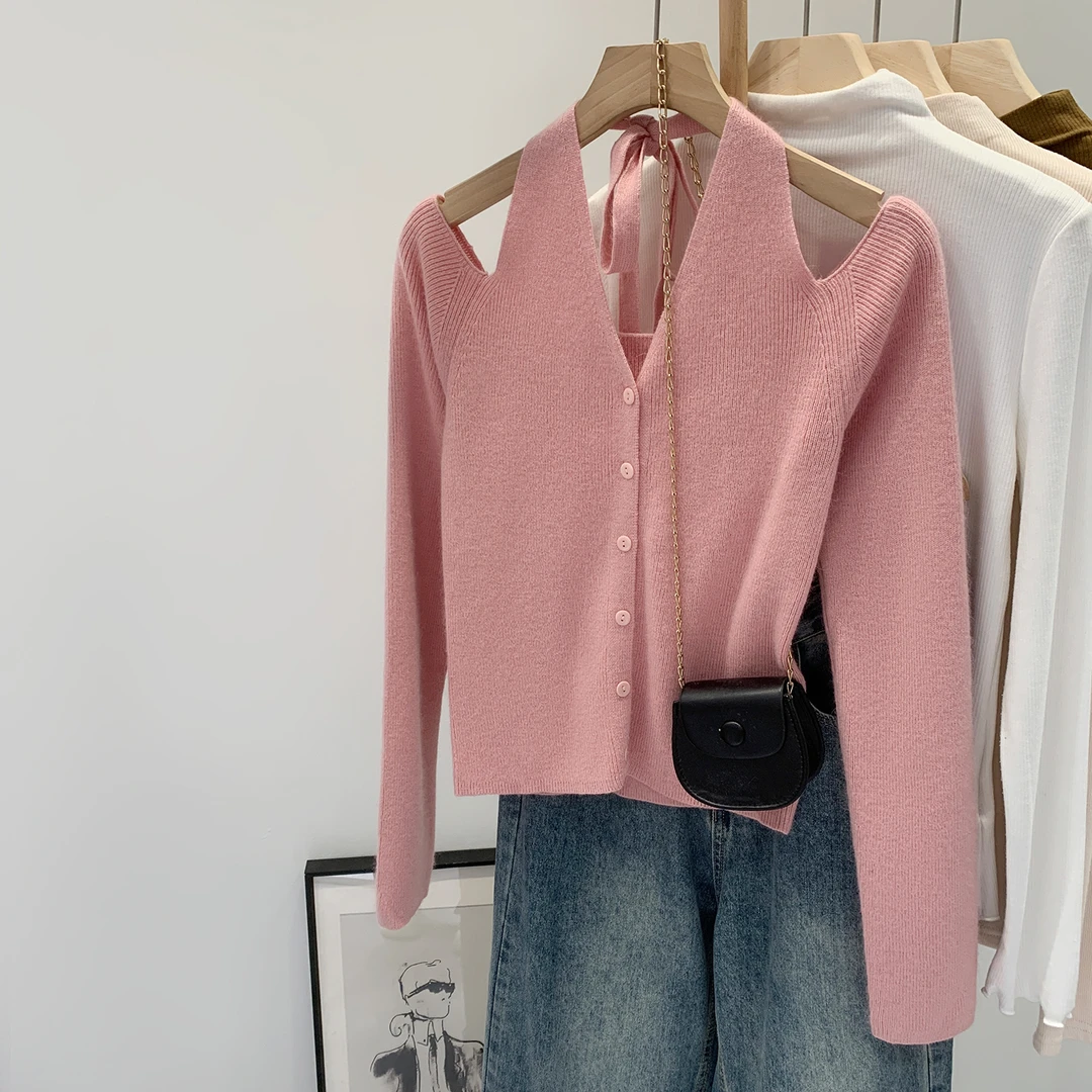 【部分现】氛围感穿搭挂脖露肩长袖羊毛针织衫女2025新款上衣M1227