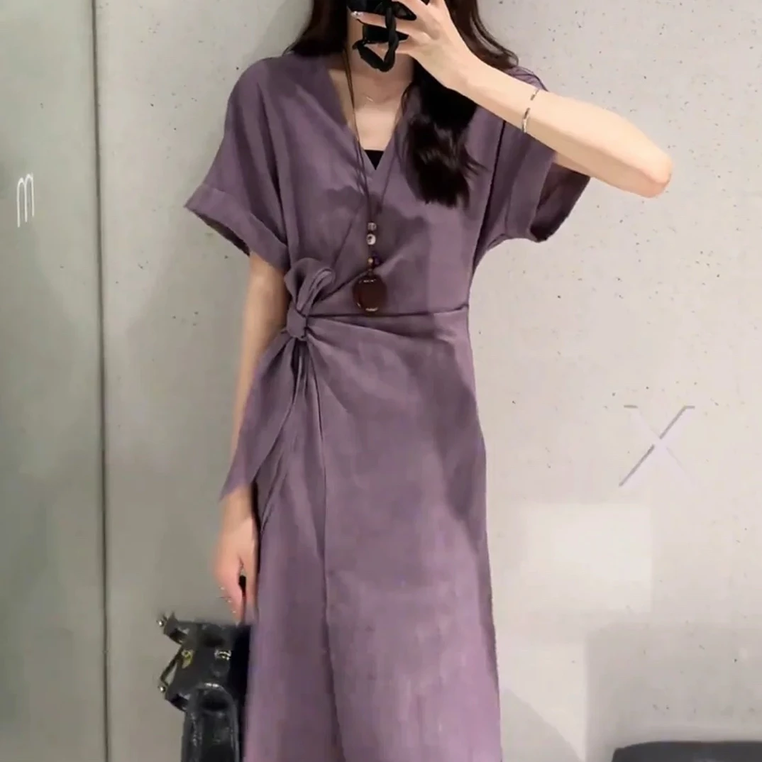 【海南简爱】气质紫色V领短袖绑带不规则连衣裙10129