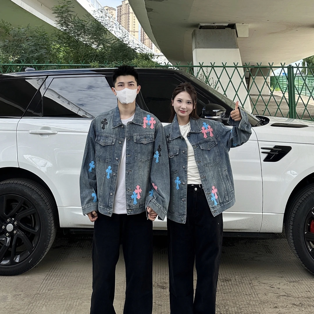 3KU夫妇秋季水洗拼皮牛仔外套夹克潮流男女情侣休闲百搭上衣3238