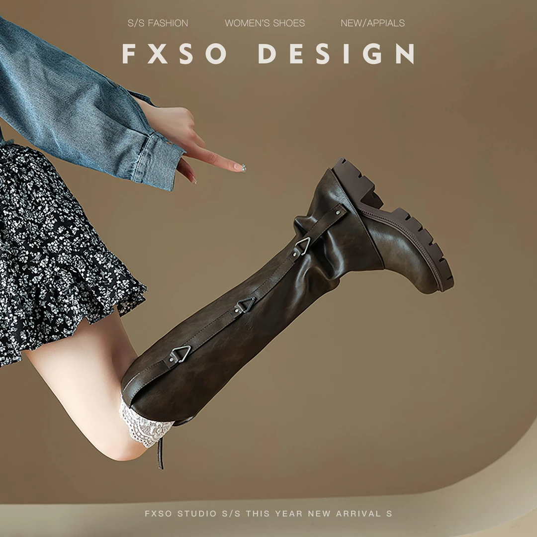FXSO/方巷真皮2024秋冬炸街褶皱长筒裤管靴辣妹厚底粗高跟长靴女