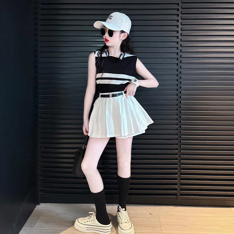 儿童背心夏季2025新款女童薄款外穿无袖上衣大童女孩洋气吊带套装