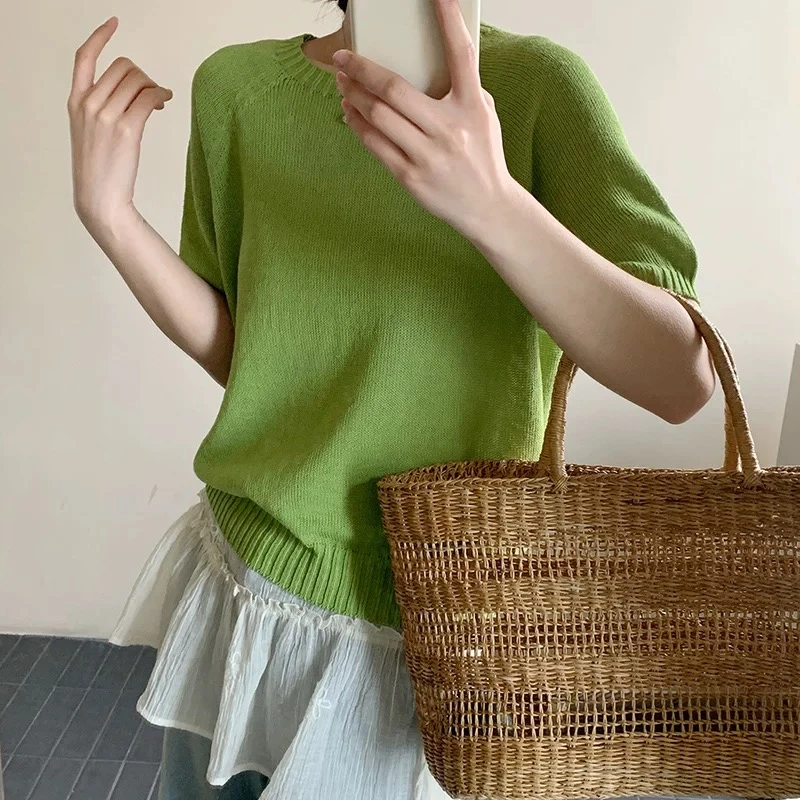 悦享服饰2025夏季新款圆领宽松和纸纱休闲风纯色针织衫短袖T恤