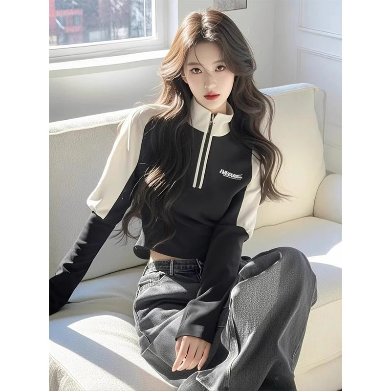 宽松撞色字母立领卫衣女2025年春季新款设计感小众拼接半拉链上衣