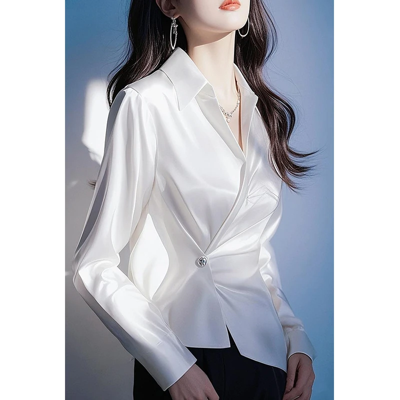 白色长袖缎面衬衫春季女2025新款收腰小衫超好看独特漂亮V领上衣