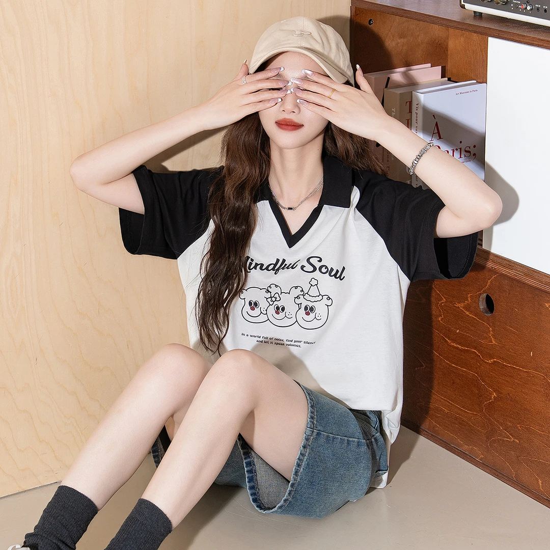 D1029 唐狮2025夏季新款短袖polo衫拼接撞色插肩袖女士学院风t恤i