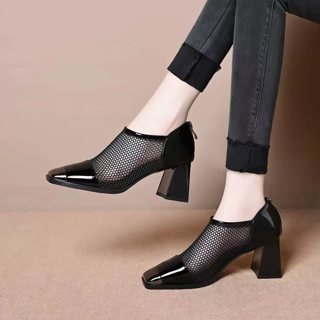高跟鞋女春季2025新款时尚百搭网纱粗跟方头深口单鞋法式女士皮鞋