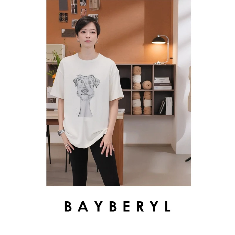 BAYBERYL老贝绒感小狗*手绘圆领柔弹百搭秋短袖Y恤9NT5H2621-8/27