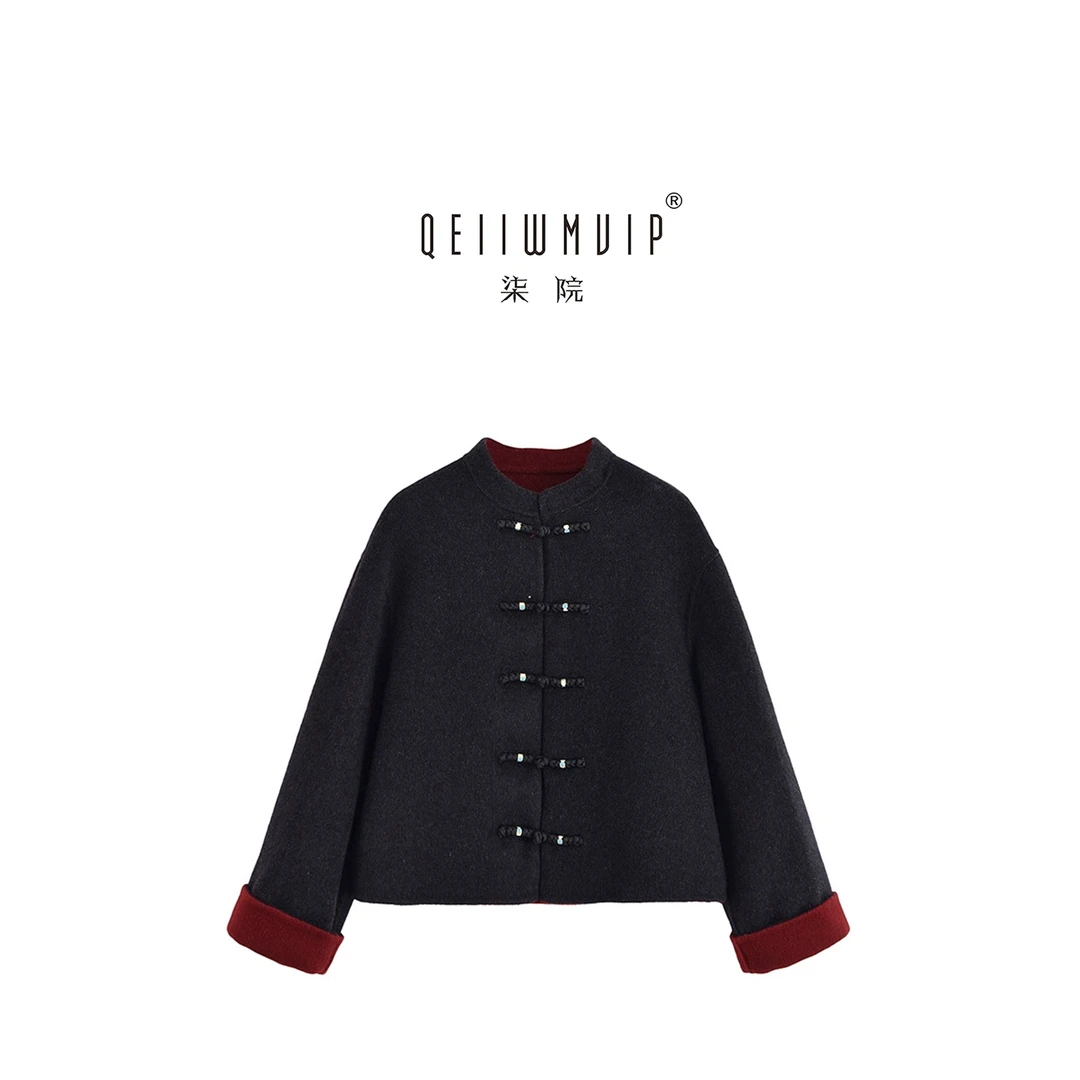 QEIIWMVIP/柒院秋冬气质新中式立领盘扣双面羊毛大衣短外套7552
