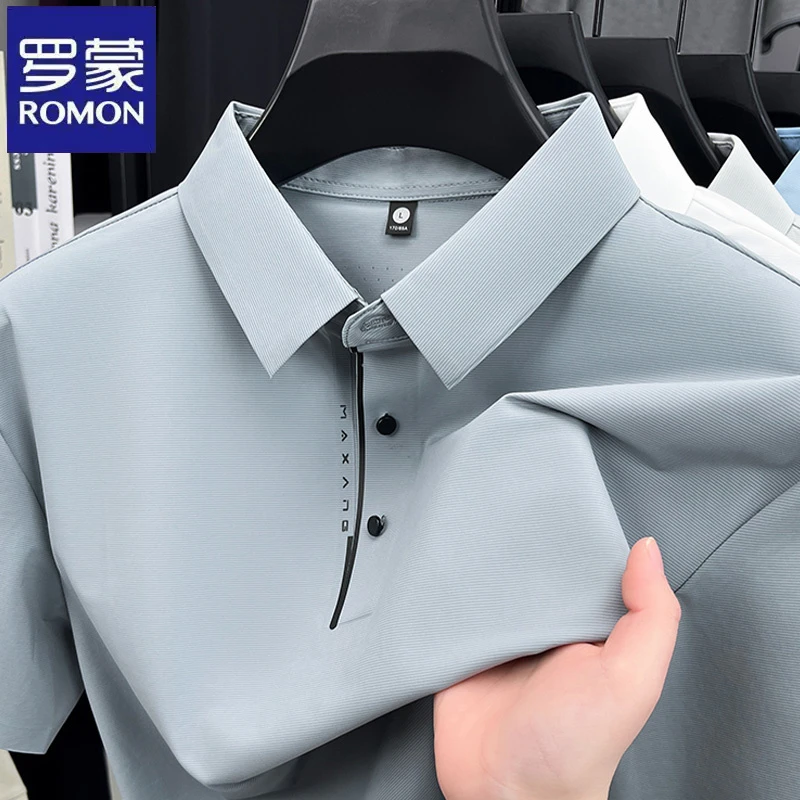 罗蒙纯色无痕锦氨翻领短袖Polo衫夏季薄款男士透气商务宽松t恤衫