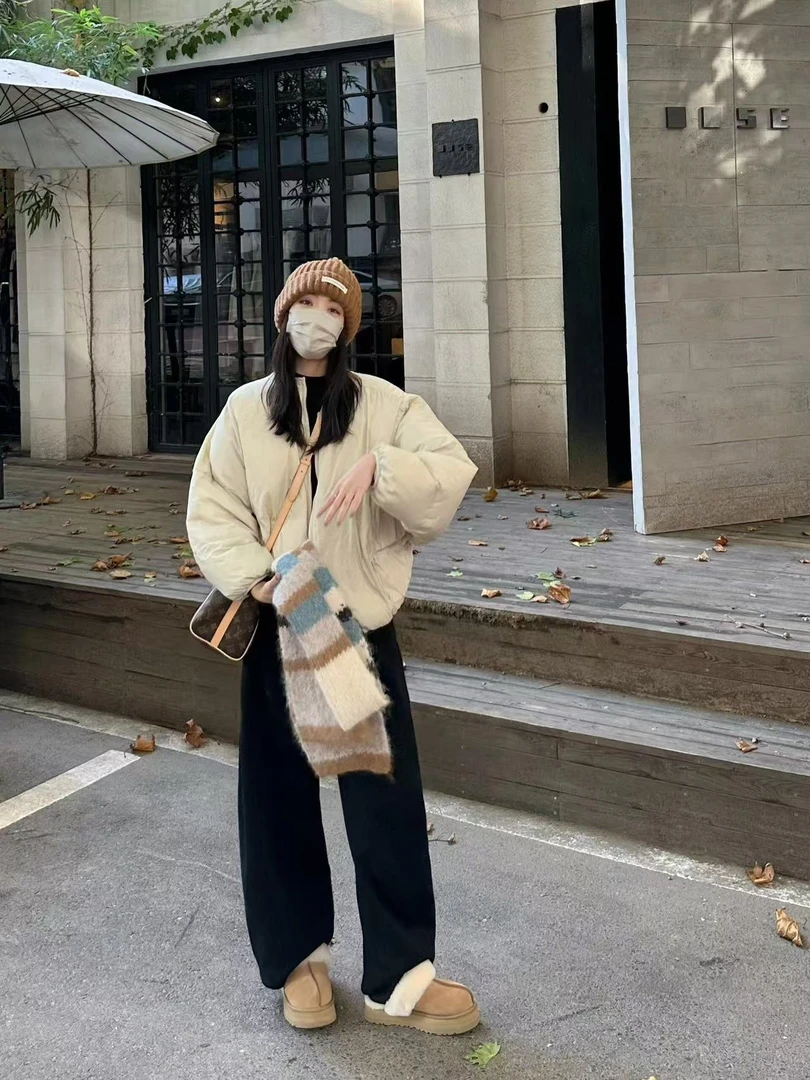 2024冬季新款小个子设计感超好看圆领保暖棉服外套女百搭休闲裤