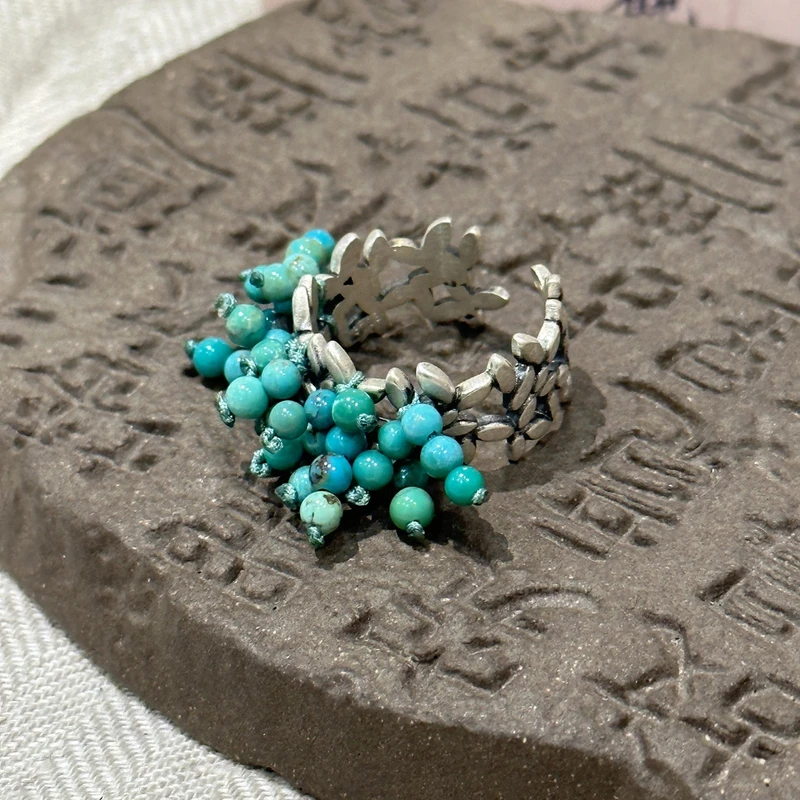 925银戒指 J13099《早》绿色小圆珠叶子镂空开口戒指个性时尚