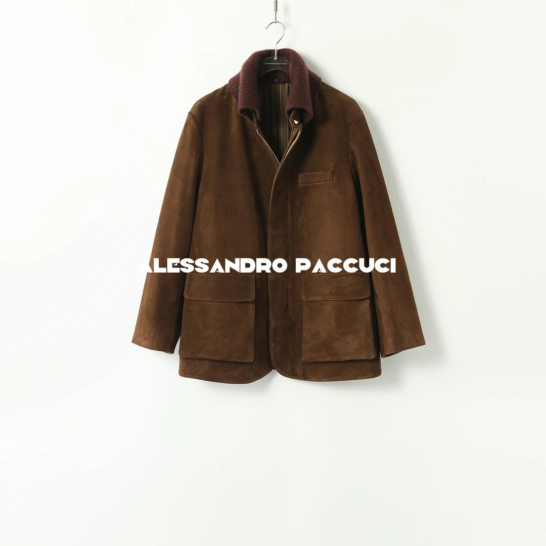 AP洛哥431041PW【棕色坚果】黑标/反绒羊皮可拆卸针织领皮衣2024秋