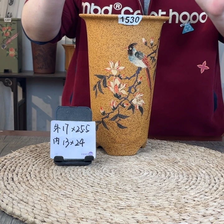 紫砂花盆  新品柴烧手绘绶带鸟直筒1530