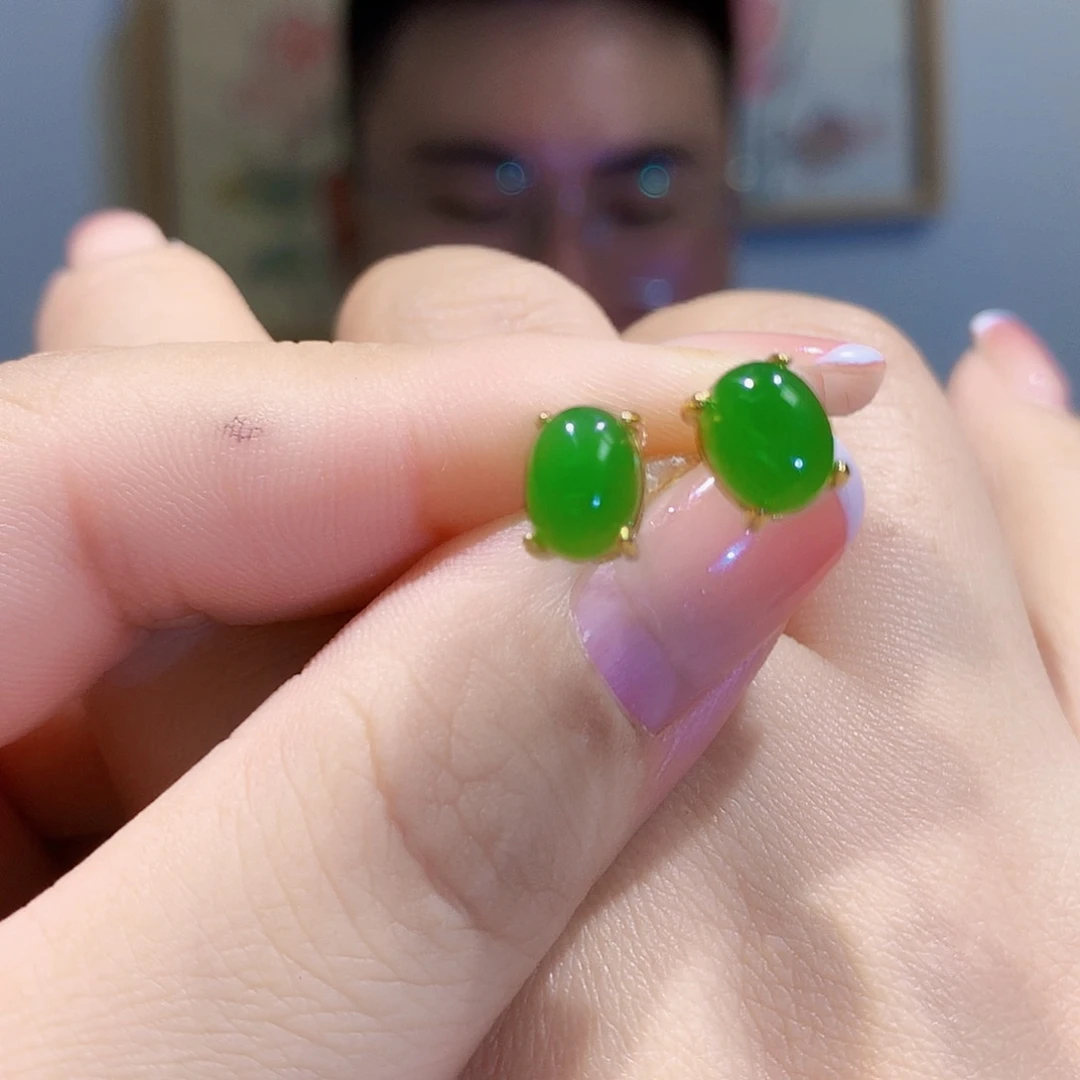 和田玉（碧玉）耳饰银S925镀金镶嵌