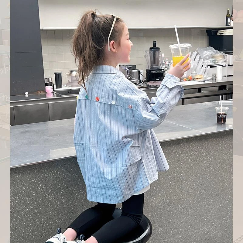 女童宽松条纹衬衫儿童洋派长袖衬衫大童装小清新上衣2025春装新款