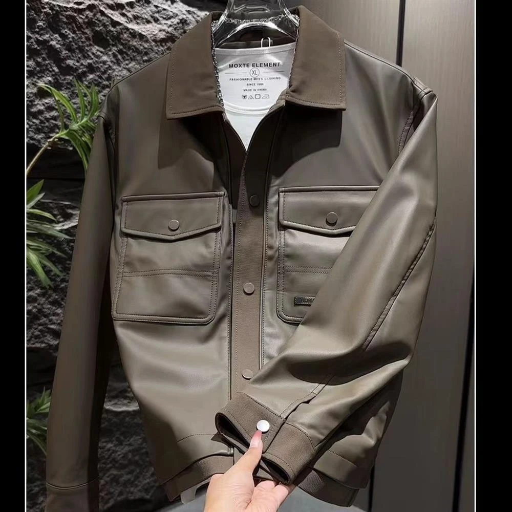 轻奢工装潮流皮衣外套男士夹克秋季新款翻领短款修身韩版时尚高端