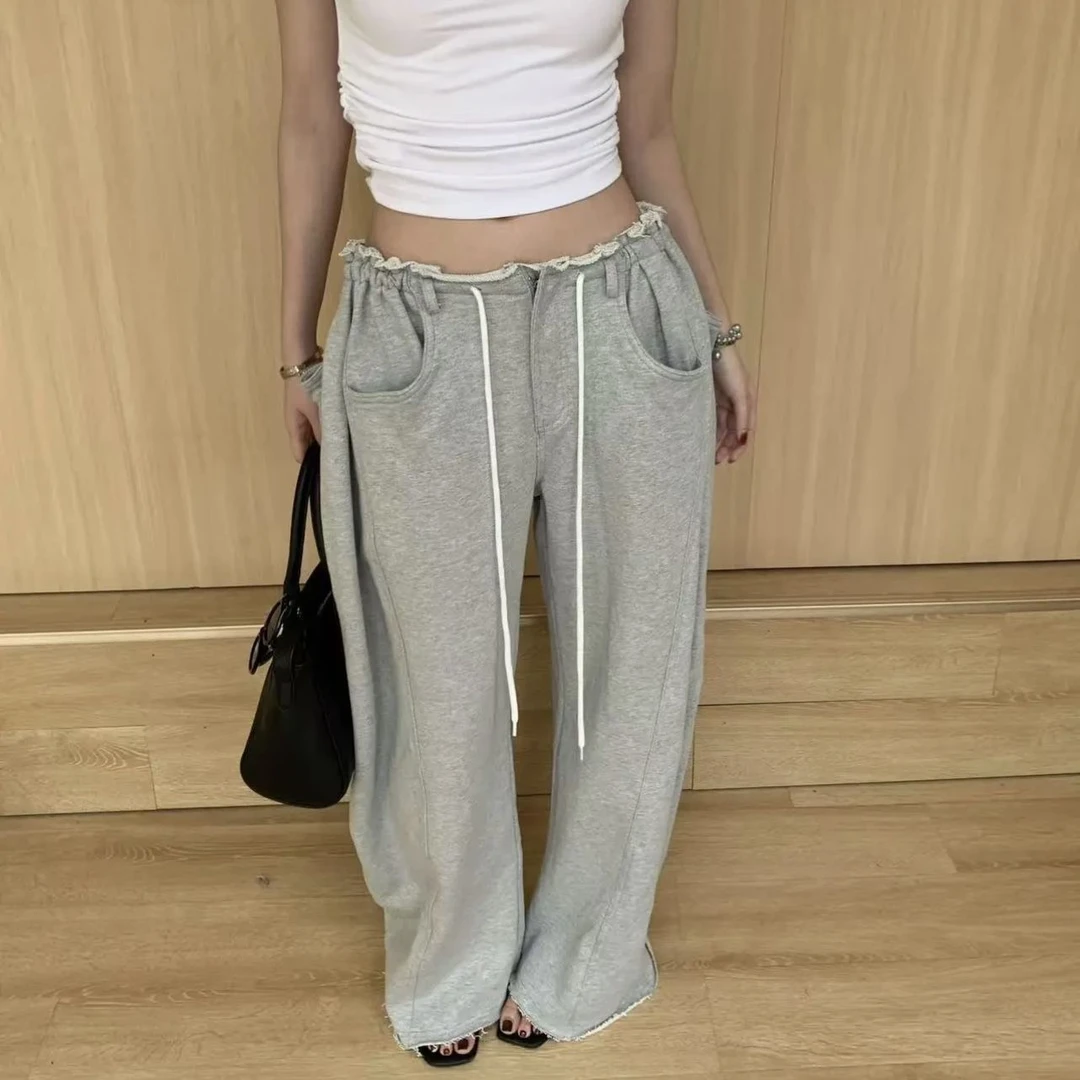 【毛圈棉】春秋款灰色抽绳卫裤美式垂感宽松阔腿裤休闲直筒长裤女