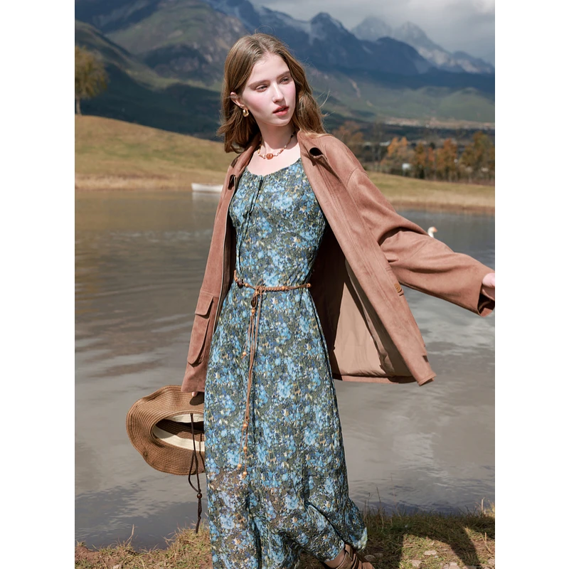 三彩2025春季新款法式复古雪纺碎花裙连衣裙大摆长裙浪漫M