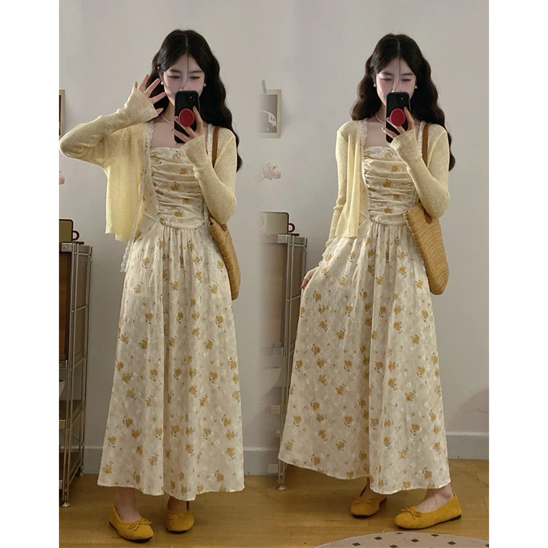 大码夏季新款胖MM防晒衫度假风碎花吊带连衣裙洋气减龄遮肉穿搭