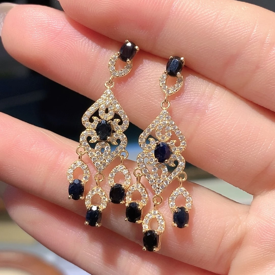 耳饰蓝宝石银S925镶嵌天然蓝宝石