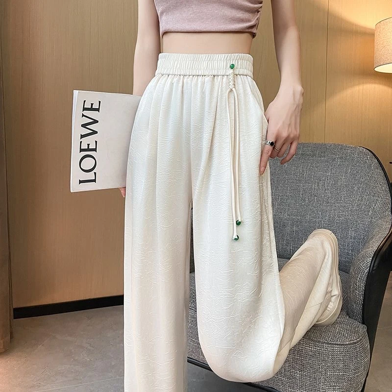 新中式提花冰丝阔腿裤女夏季薄款2024新款高腰垂感国风窄版直筒裤