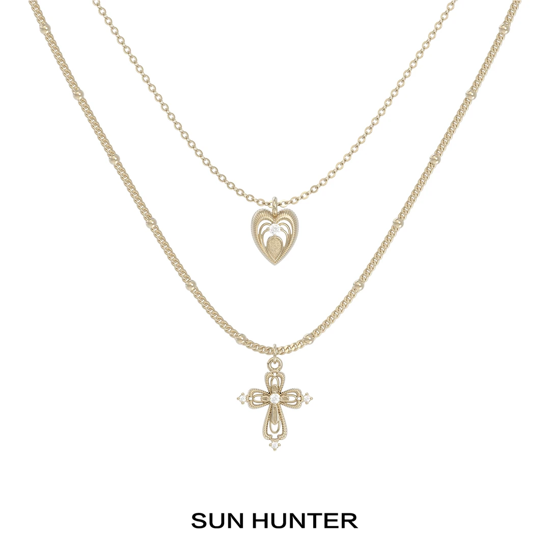 铜合金项链 三横SUN HUNTER「蕾丝微光」原创爱心十字架项链