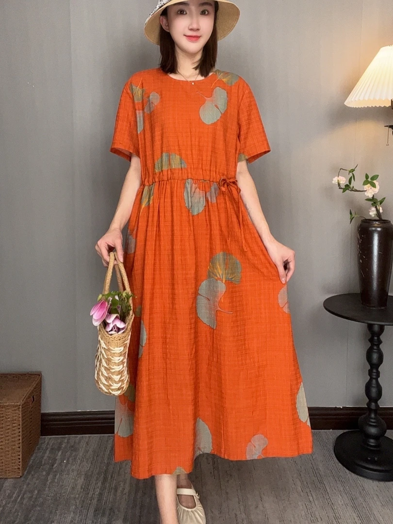 A381抽绳复古透气时尚清爽气质百搭竹节宽松显瘦大码收腰连衣裙