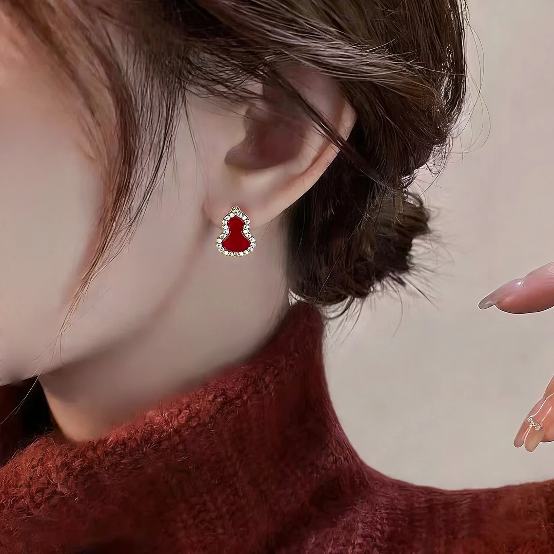 铜合金合成锆石耳饰 小众简约新年款氛围感红色葫芦福禄耳钉1262