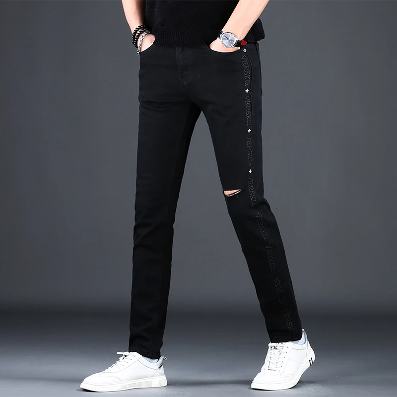 秋季黑色破洞牛仔裤男款韩版百搭高街弹力修身小脚休闲男士长裤子