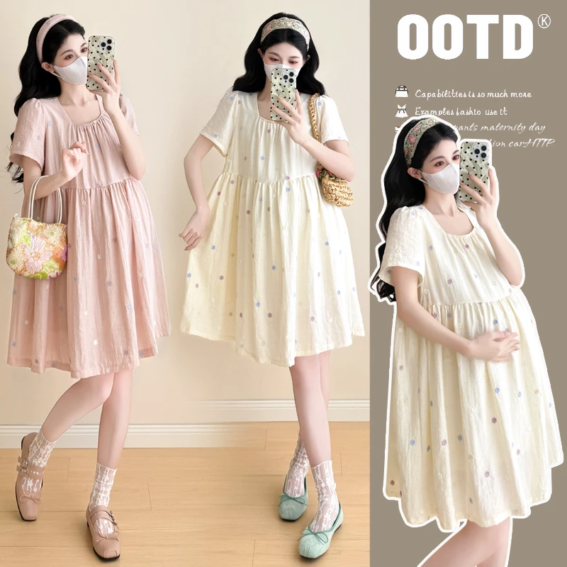2025夏季新款韩版显瘦气质洋气刺绣花朵工艺宽松中长款孕妇连衣裙