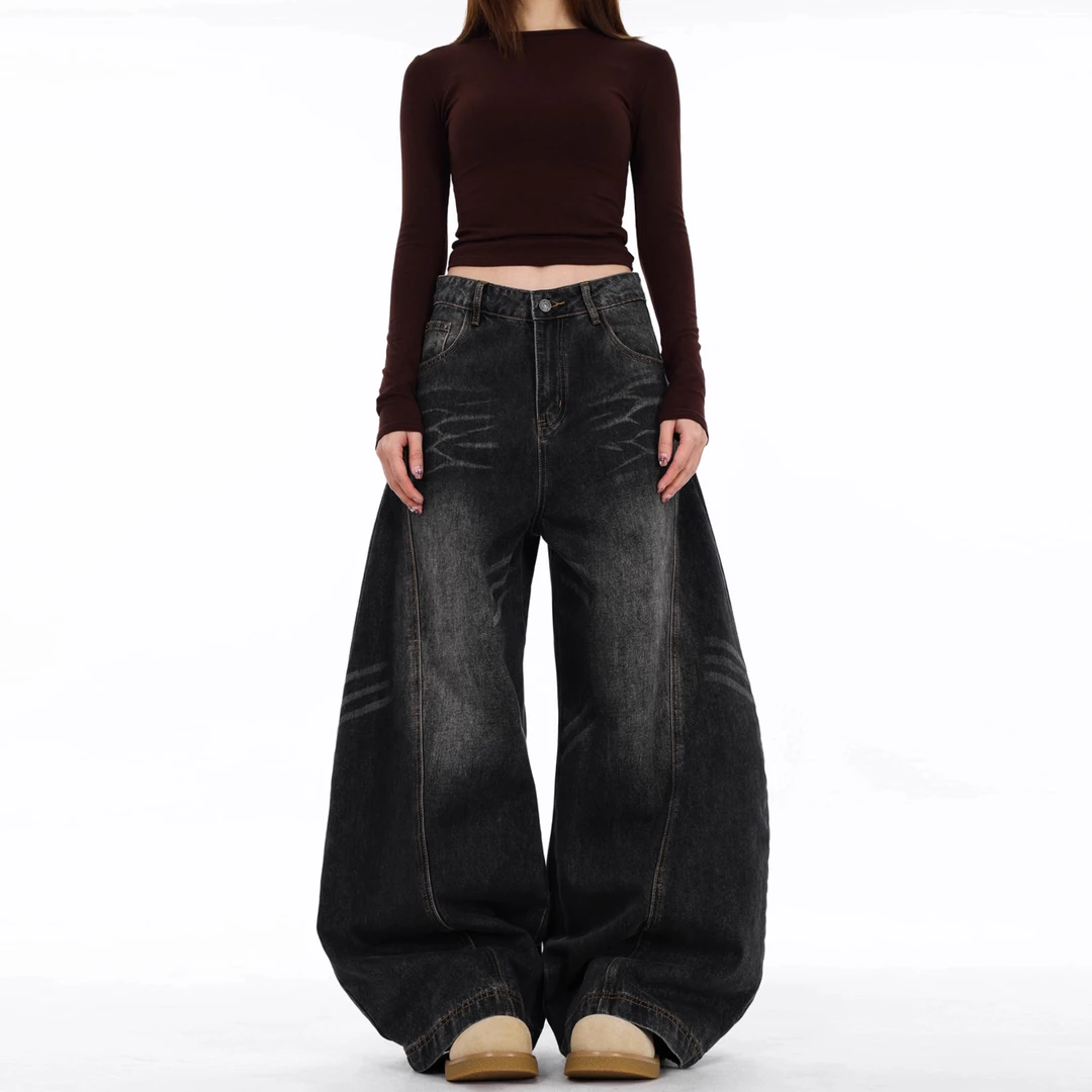 复古水洗弯刀牛仔裤女冬季新款高腰宽松阔腿显瘦垂感直筒拖地裤子