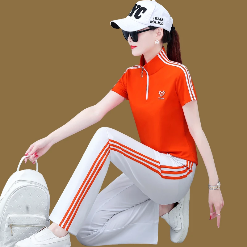 名牌运动服套装女夏2025新款洋气薄款显瘦冰丝短袖长裤休闲两件套