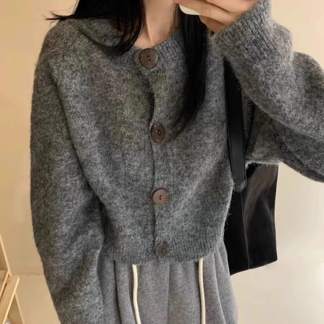 短款针织毛衣开衫外套秋装女款2025年新款秋冬宽松慵懒针织衫上衣