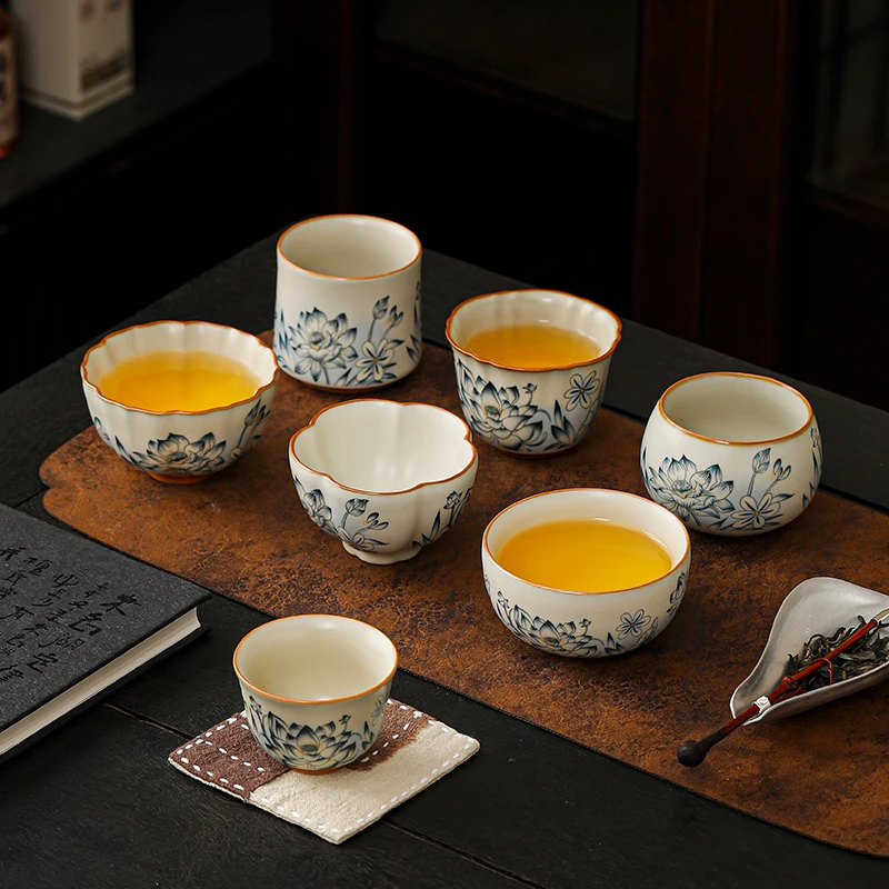 好运莲莲茶杯米黄汝窑主人杯功夫茶具高档茶盏喝茶碗陶瓷品茗杯子