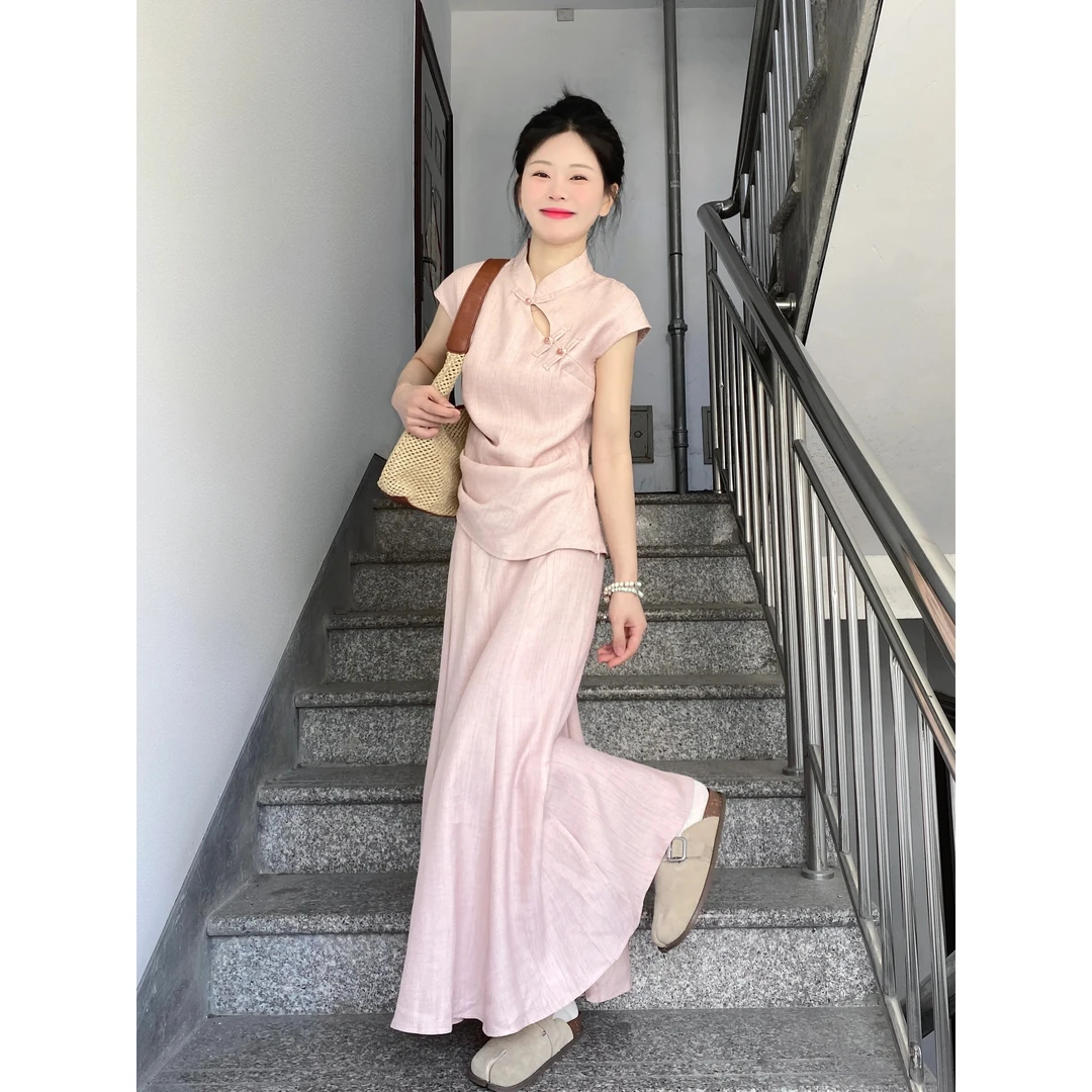 大码女装新中式国风套装裙子浅桃粉盘扣上衣配半身裙两件套女夏季