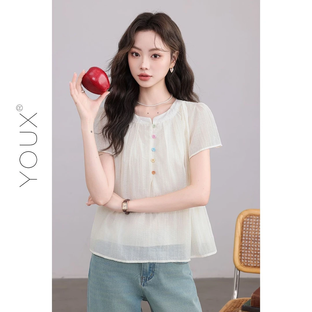 法式甜美短袖衬衫女2025夏季新款独特设计感小众百搭宽松显瘦上衣