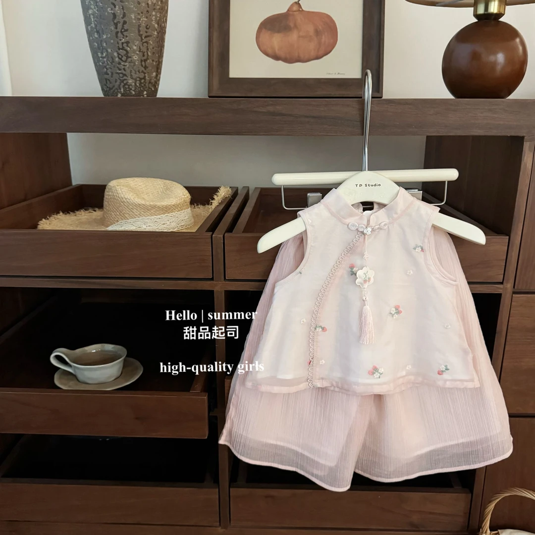 【甜品起司】粉粉樱桃！女宝宝新中式国风甜美刺绣背心直筒裤套装