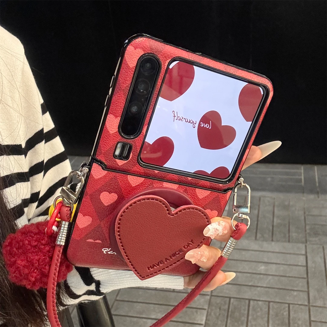 适用华为purax折叠屏手机壳酒红菱格pocket2皮纹爱心磁吸支架手绳