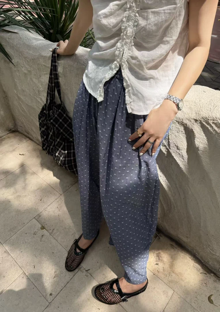 刺绣波点休闲裤 no退no换