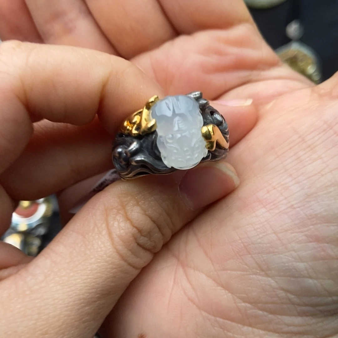 翡翠银S925镀金镶嵌戒指S925银翡翠饰品