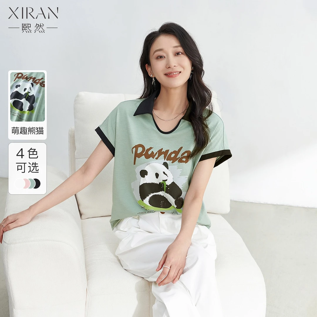 熙然夏日萌趣熊猫印花T恤女撞色polo领t恤女短袖上衣夏季显瘦减龄