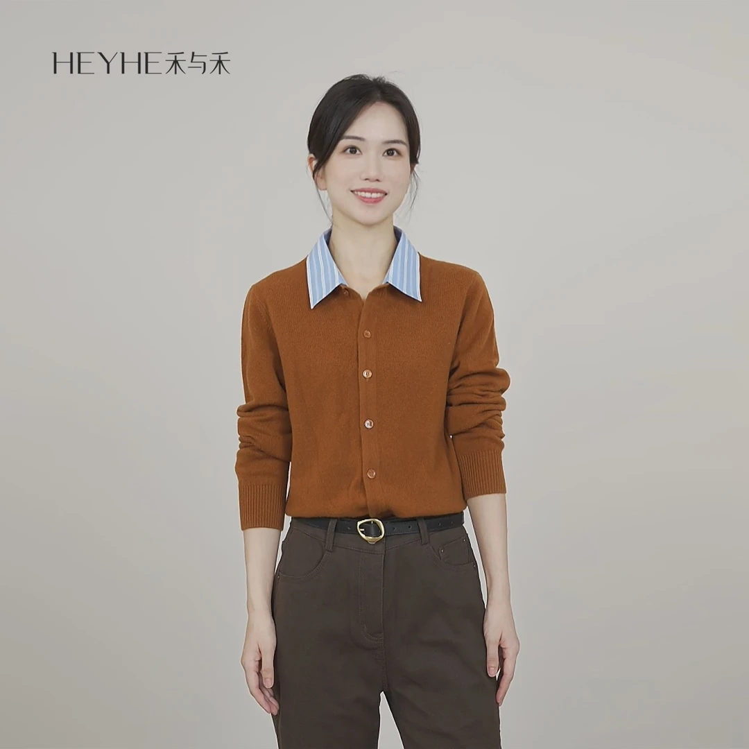 小禾【事事如意】100绵羊毛26支撞色miu领拼接复古长袖针织开衫