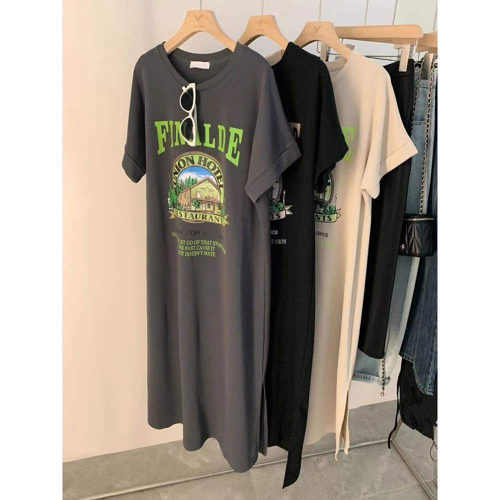 韩系胖mm复古短袖t恤裙女夏季2025新款设计感宽松大码休闲连衣裙