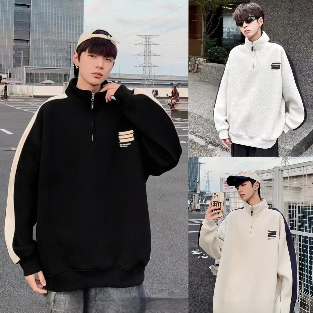 m青少年冬季拼色宽松加绒潮流时尚立领半拉链设计感卫衣