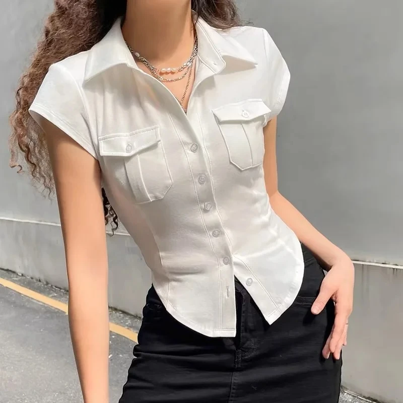 双口袋POLO领短袖2023女装新款弧形下摆不规则上衣单排扣T恤