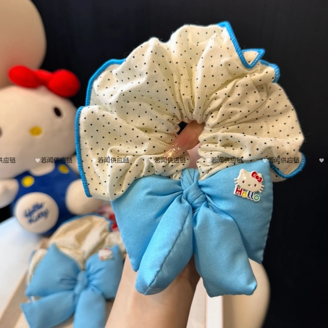 kt海盐蓝色系奶油波点蝴蝶结大肠圈甜美头绳百搭布艺扎头发亮闪