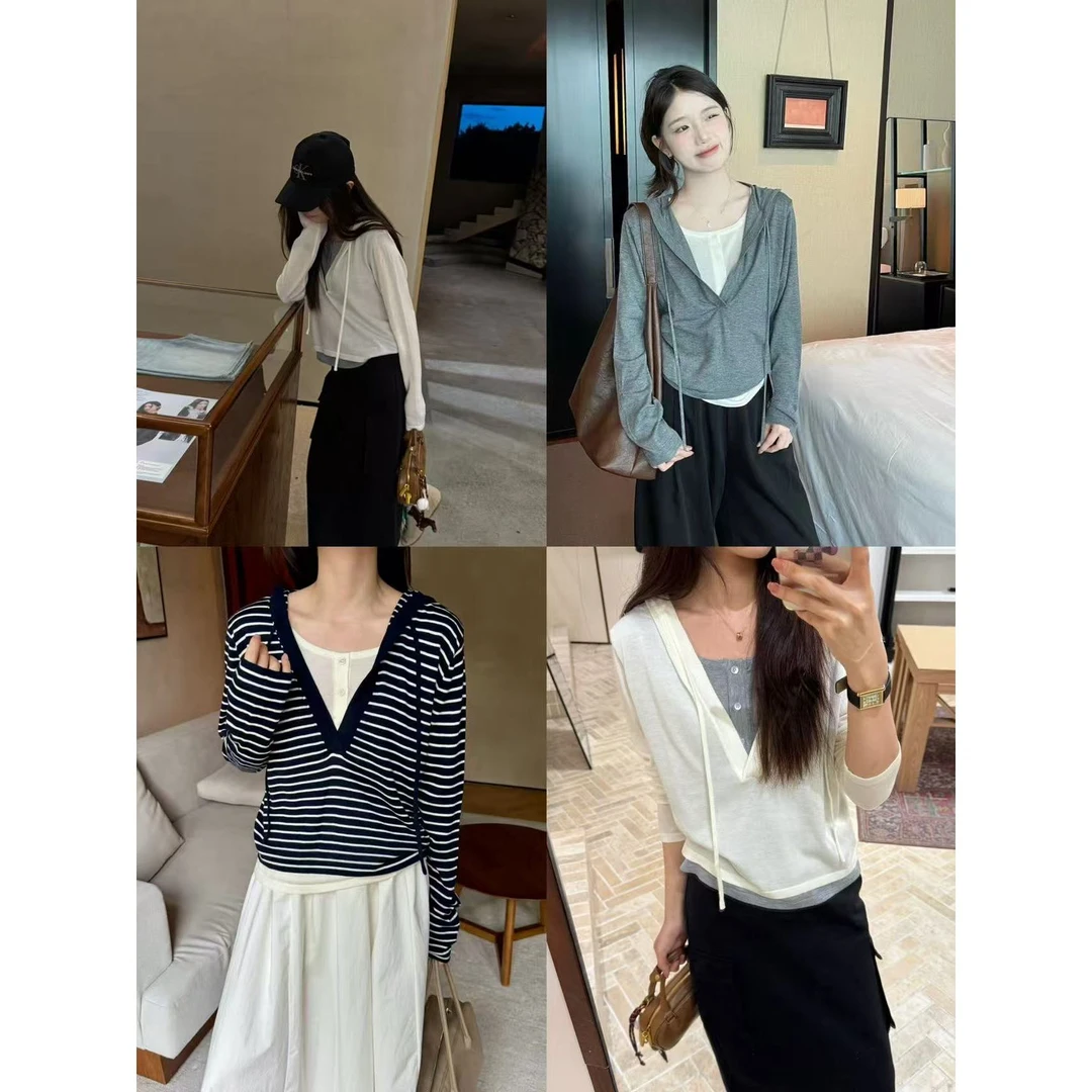 M-5721#『10%羊毛20%巴素兰毛条』INS风休闲气质百搭V领假两件上